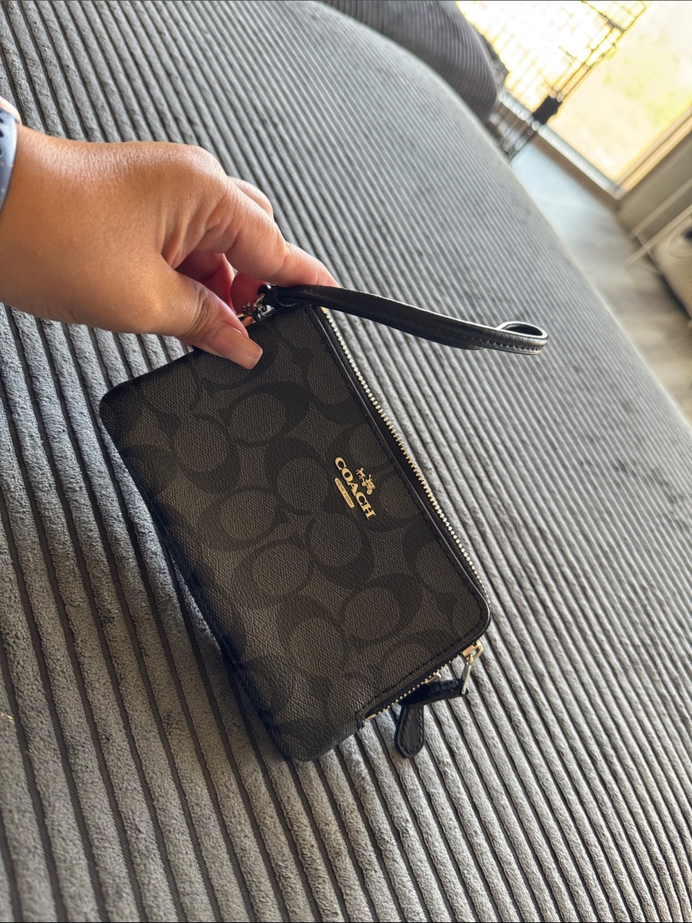 Coach Black Signature Canvas Wristlet with Gold Logo Accent